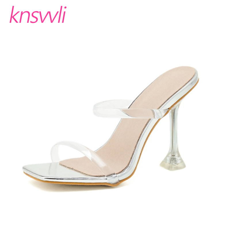 

Fashion One Strap Clear PVC Mules High Heels Sandals Women Peep Toe Summer Shoes Ladies Crystal Trigonal Cup Heel Slippers Woman