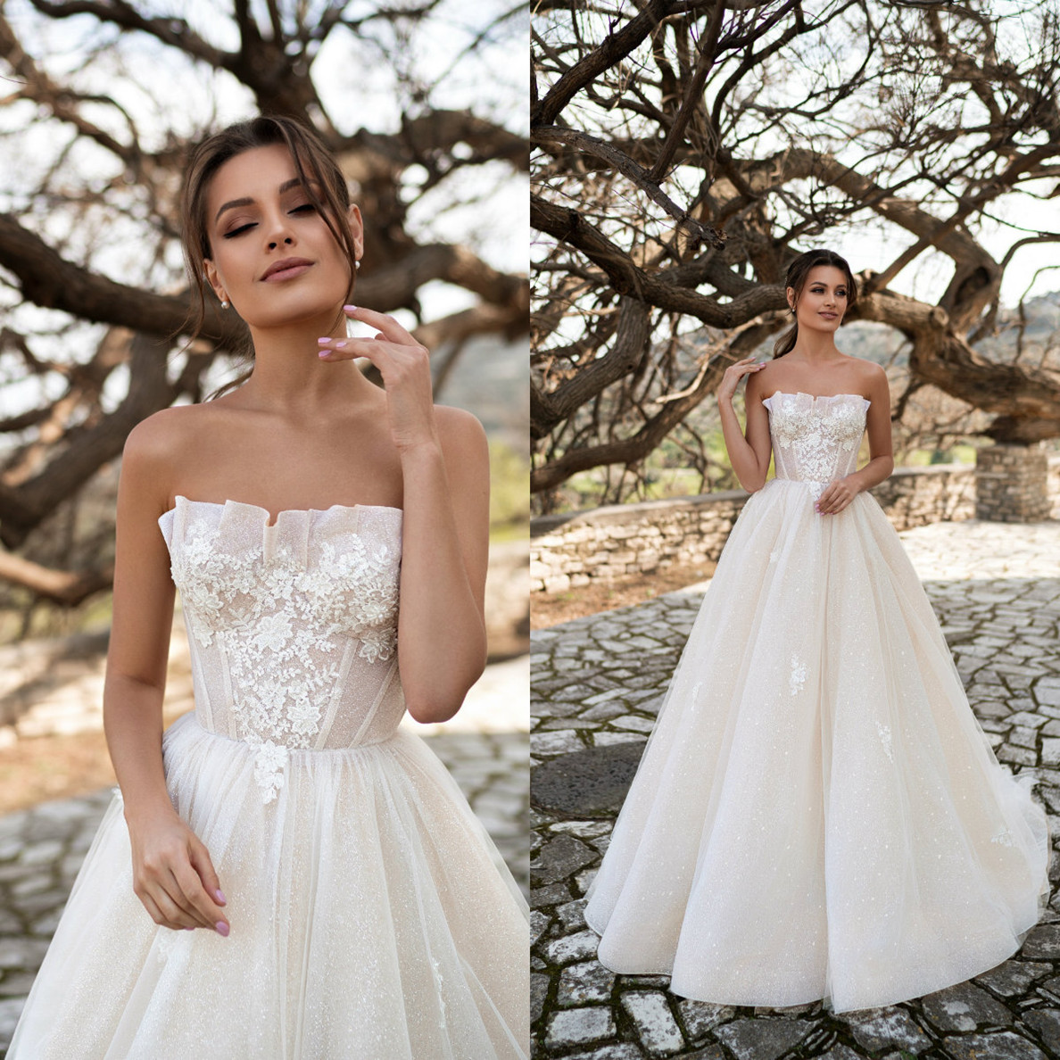 2021 Robes de Mariée sans bretelles Robes de mariée plage appliques Lacets Retour balayage train Une ligne de robe de mariée Robe de mariée