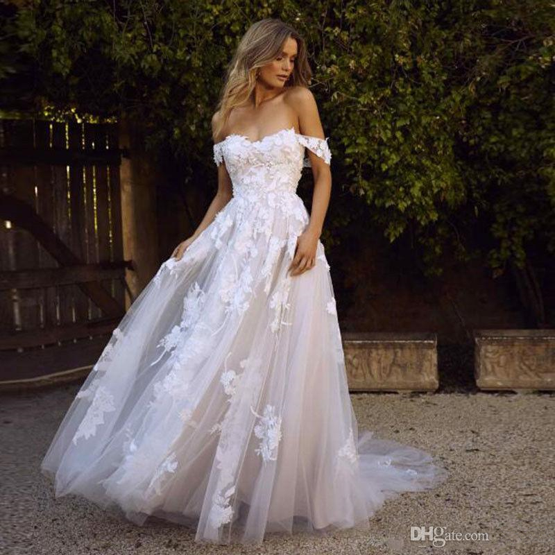 3D Floral Appliques Romantic Country Wedding Dress 2020 Off Shoulder A Line Long Lace Bridal Gowns Customize Plus Size Vestidos De Noiva
