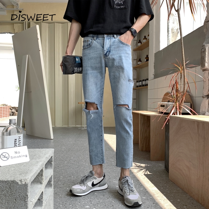 

Korean Men' Ripped Mid-rise Jeans Simple Loose Solid Slim Men' Jeans, Light blue