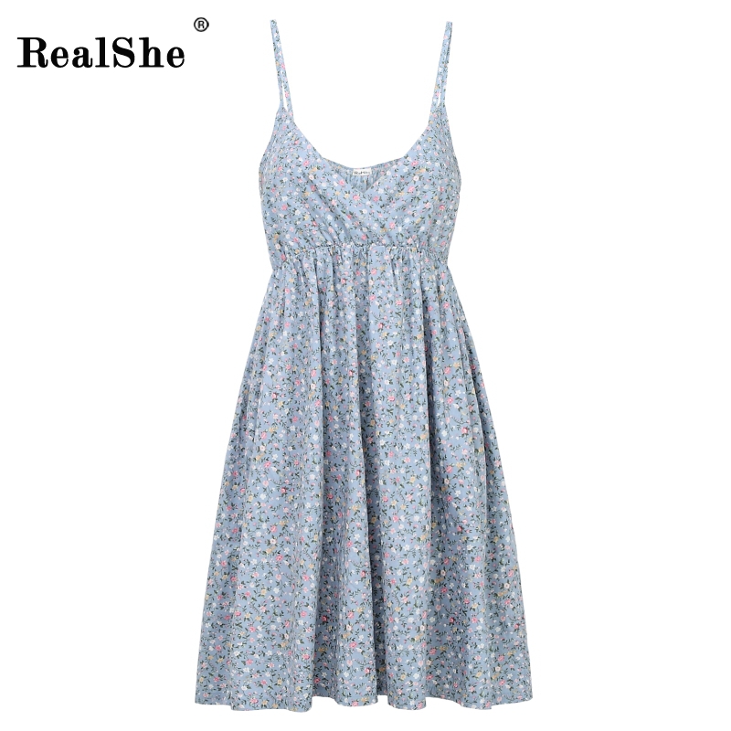 

RealShe Ladies Summer Dress V-Neck Sleeveless Spaghetti Strap Cotton Casual Empire Mini Floral Boho Dress Sexy Women 2019, Summer dress 25