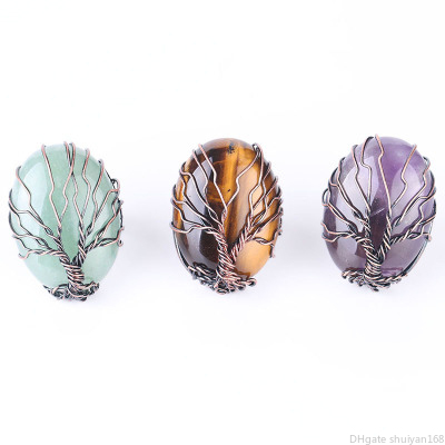 

Vintage Tree of Life Gemstone Rings Copper Opal Rose Quartz Natrual Stone Winding Handmade Adjustable Band Finger Ring Fashion Jewelry
