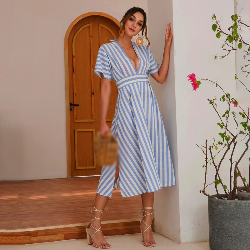 

Women Dress Below-Knee Dress Deep V-Neck Short Sleeve Split Backless Stripe A Line Elegant Ladies Dresses, Light blue