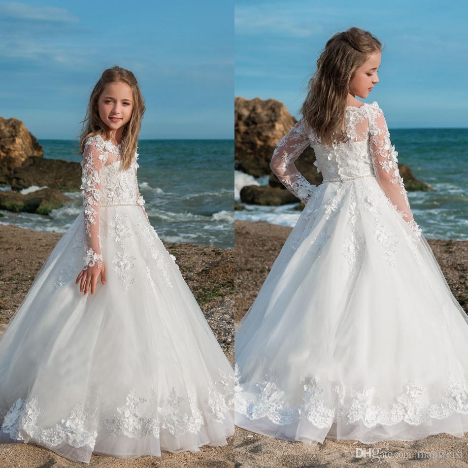 

Newest Long Sleeve Flower Girls Dresses For Weddings Lace Ball Gown Boho 3D Floral Applique Kids First Communion Dress Cheap Pageant Gowns, Royal blue