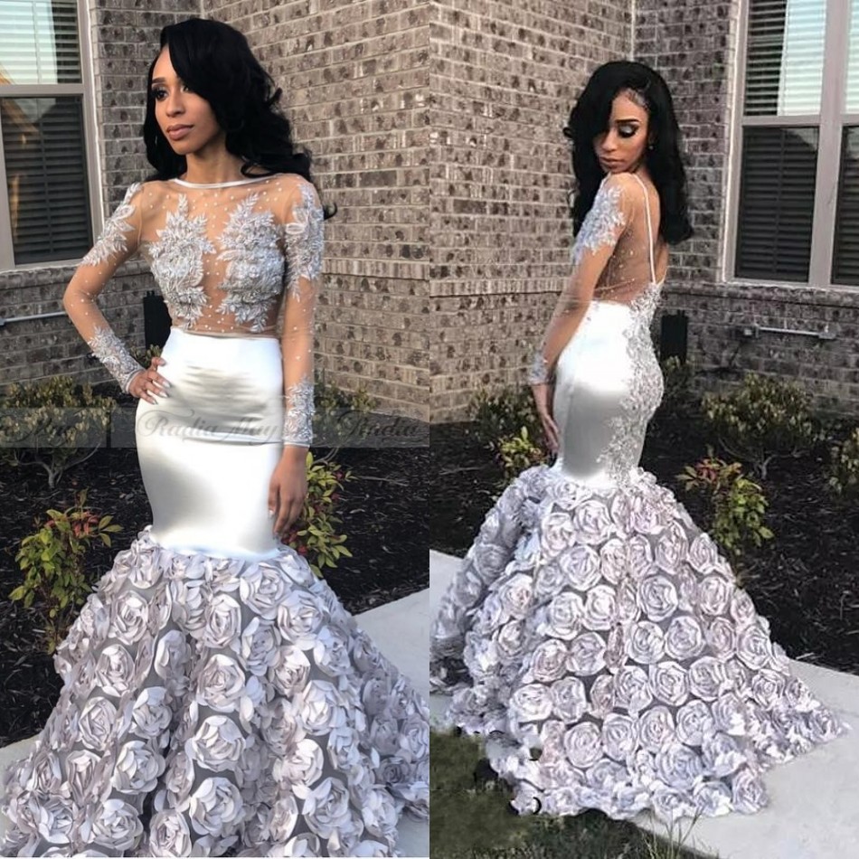 

Glamorous 3D Rose Flowers Mermaid Prom Dresses 2019 Appliques Beads Sheer Long Sleeve Evening Gown Silver Stretchy Satin robes de soirée, Same as picture