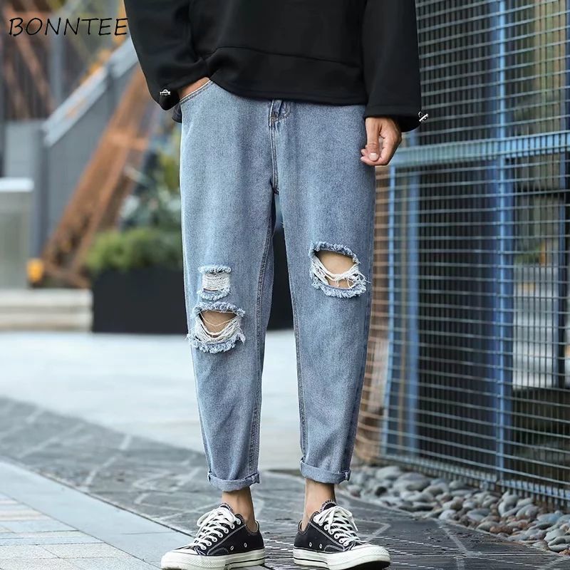 

Jeans Men Solid Holes Loose Trendy Retro Korean Style Leisure Harem Chic Streetwear Simple Mens Denim Trousers Summer All-match, Black