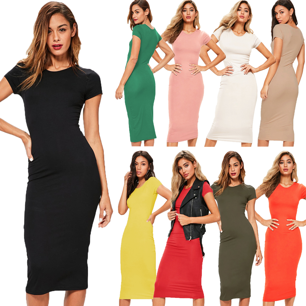 

7632 9-color 5-size round collar short sleeve cotton all-match long dress, Khaki