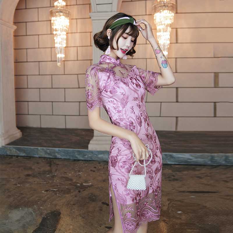 

Light Purple S-Plus 3XL 2020 Chinese Women Lace Qipao Sexy Spilt Cheongsam Mandarin Collar Novelty Chinese Dress Elegant Lady P