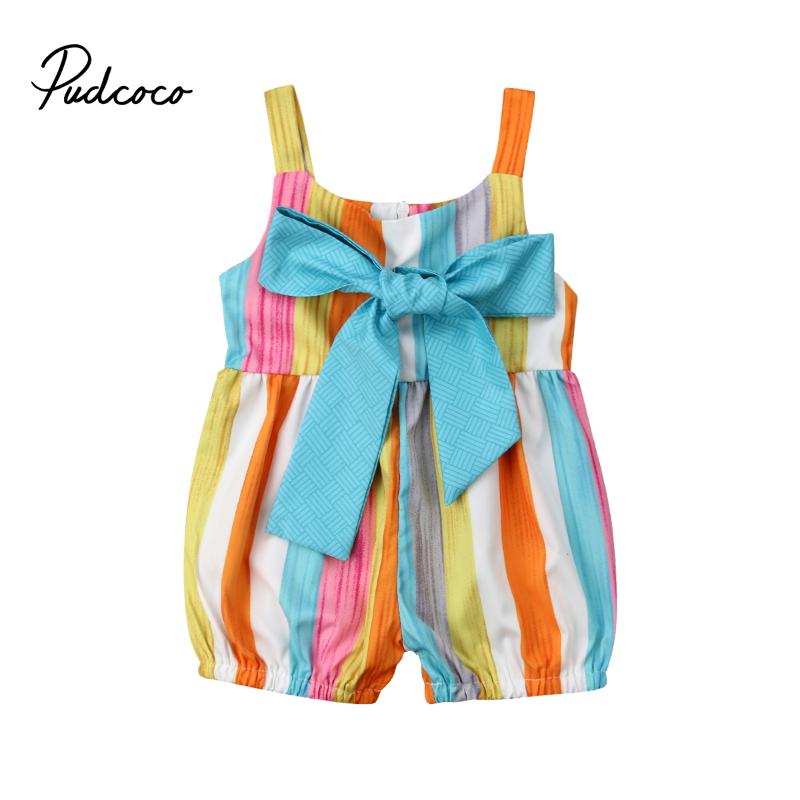 

Pudcoco Newborn Baby Girls Striped Bow Romper Sleeveless Strap Rainbow Jumpsuit Baby Summer Clothing, As pic
