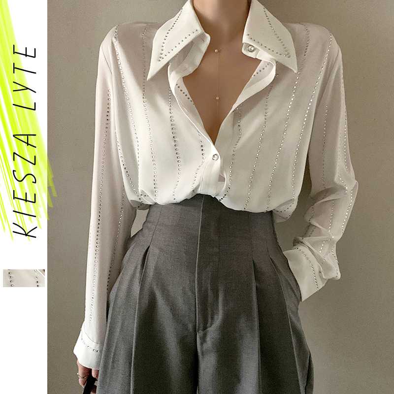 

Stylish Diamond Bling White Chiffon Shirt Women Long Sleeve Solid White Office Blouse Tops and Blouses Blusas Mujer De Moda