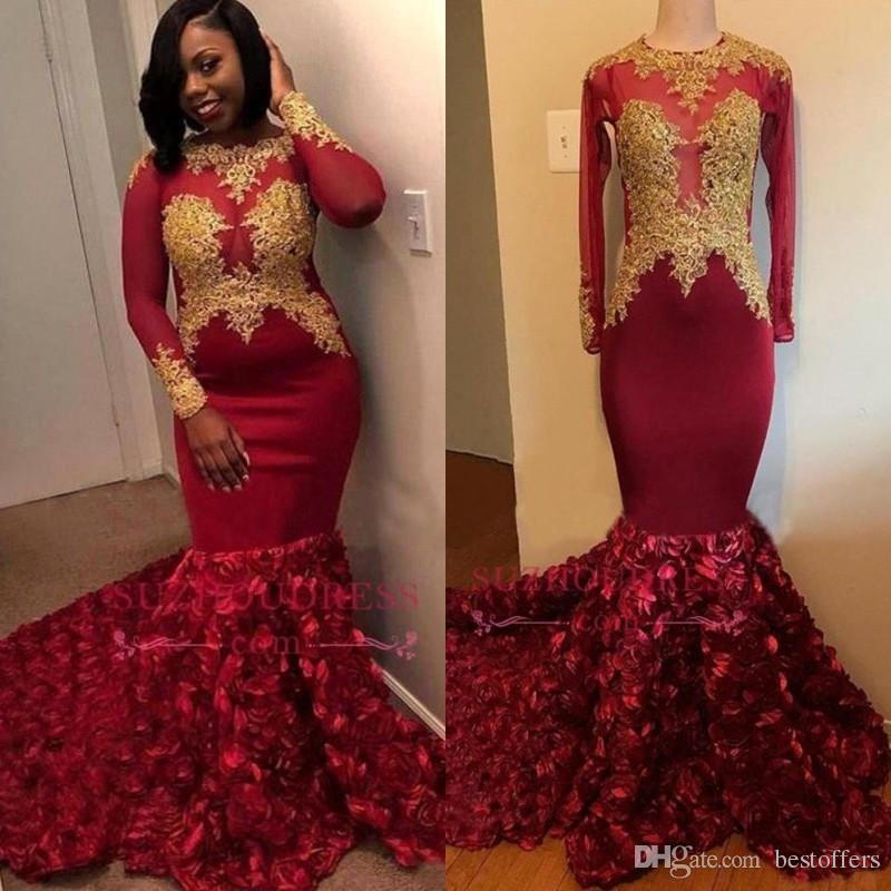 

Black Girls Red Prom Dresses 3D Rose Flowers Mermaid Long Sleeve Evening Gowns With Gold Appliques Sweep Train Formal Party Dress Plus Size, Lilac