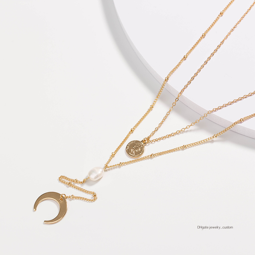 

Concise Multi-storey Necklace Natural Pearl Golden Crescent Moon Bay Pendant Elizabeth Accessories