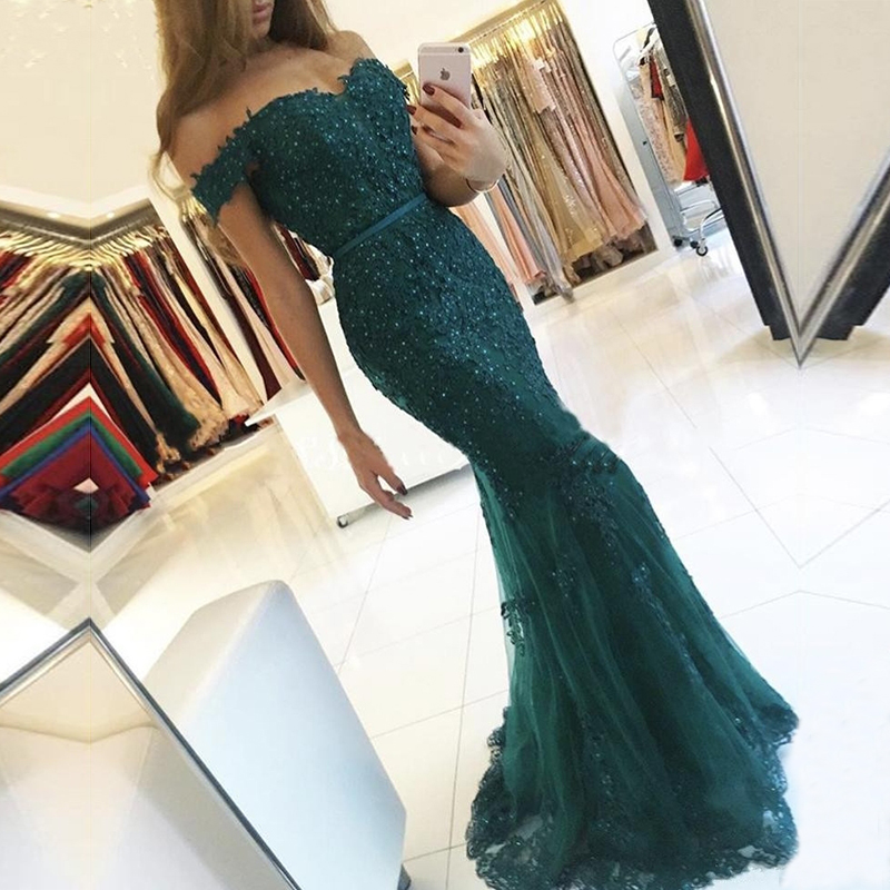 

Mother of the Bride Dresses Sash Backless Hunter Green Crystal Beads Lace Off Shoulder Appliques Mermaid Evening Guest Party Gowns Vintage