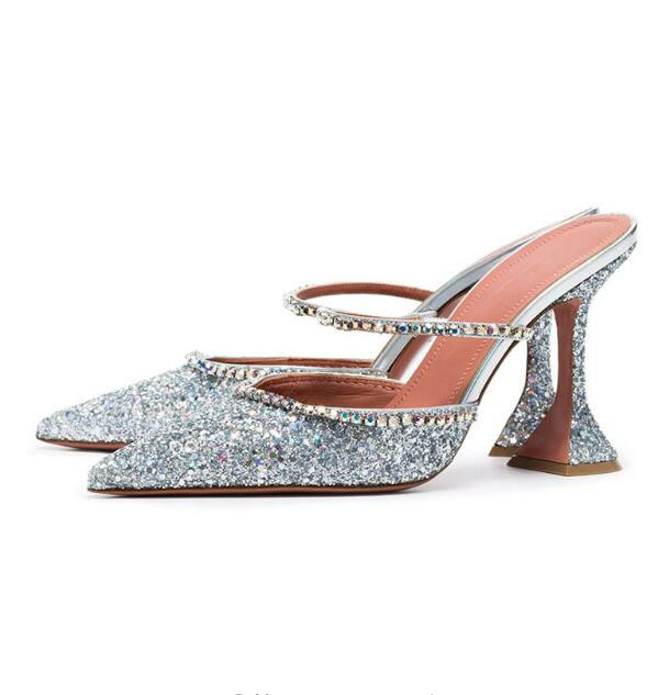 

Summer Luxury Silver Lavender Glitter Slides Sandals Pointed Toe Beading Strap Sequined High Heel Dress Slippers Shoes Women, As picture