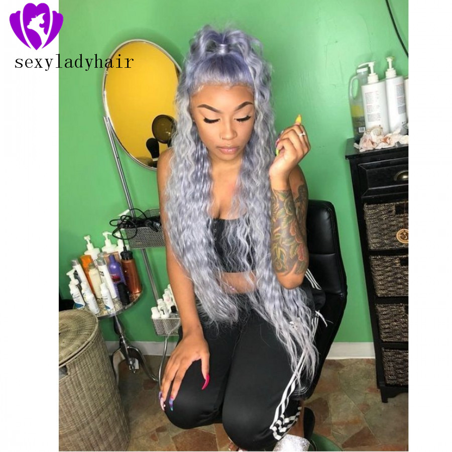 

High Temperature Fiber 360 Frontal Perruque Free Part grey mixed blue Long water wave Synthetic Lace Front hair Wig For women, Blonde