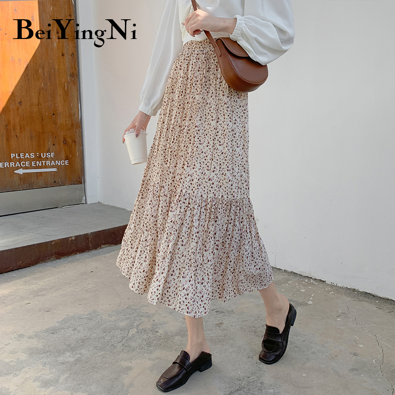 

Beiyingni Boho Beach Skirt Women Floral Print 2020 Summer Vintage Chiffon Casual Skirts Vacation Fashion Lining Pleated Skirt, Black
