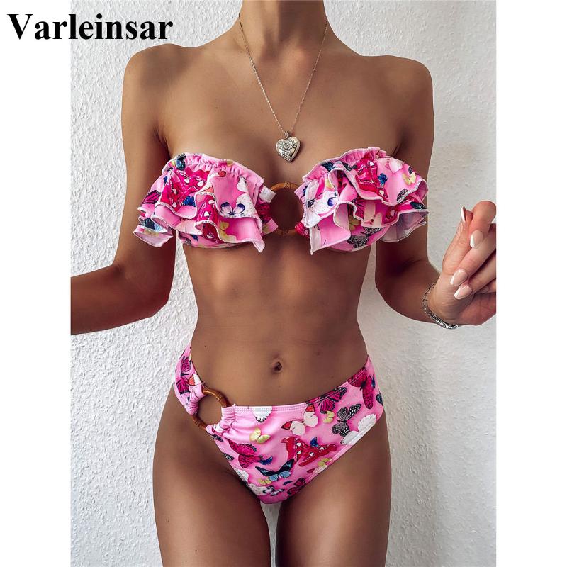 

Ruffled Frilled Mid Waist Bikini Female Swimsuit Women Swimwear Two-pieces Bikini set Butterfly Print Bather Bathing Suit V2150