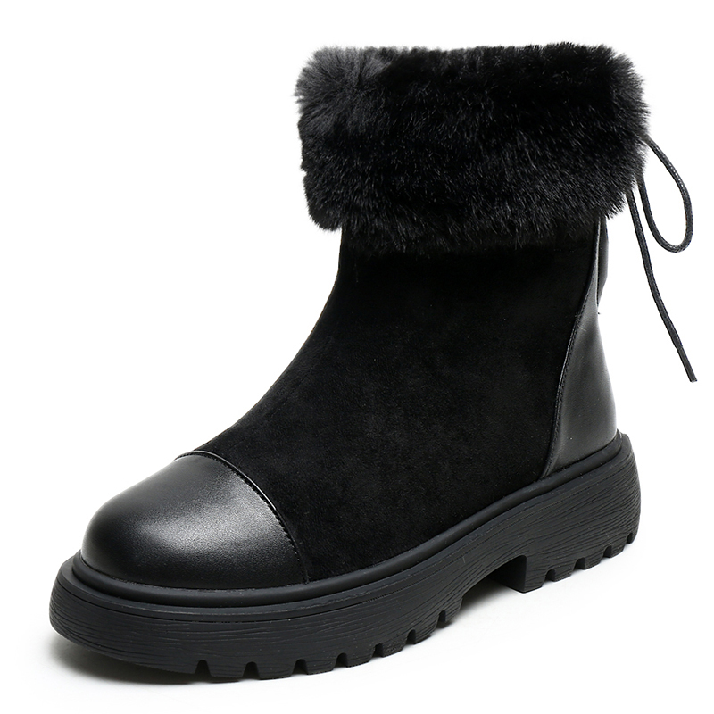 

Real Fur Winter Boots Casual For Women Back Lacing Plush Inside Warm Shoes For Russia Low Heel Footwear Comfortable New, Black