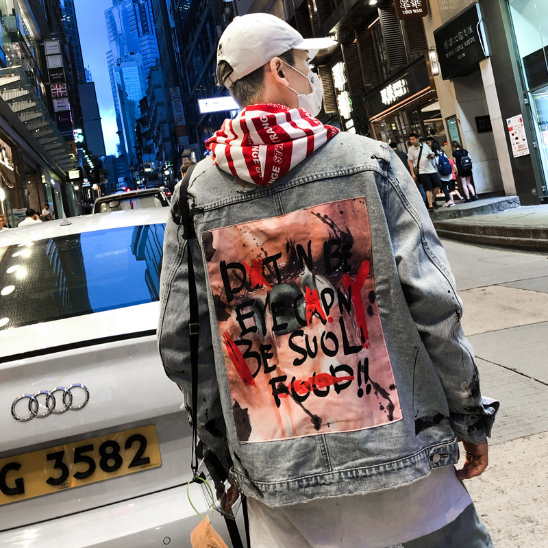 

Hip Hop Graffiti Print Mens Jackets Fashion Casaul Ripped Washed Denim Retro Jacket High Street Streetwear M-XXL, Blue
