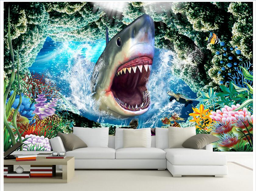 

WDBH 3d wallpaper custom photo mural Ocean cave shark eating background living room office Home decor 3d wall murals wallpaper for walls 3 d, Non-woven