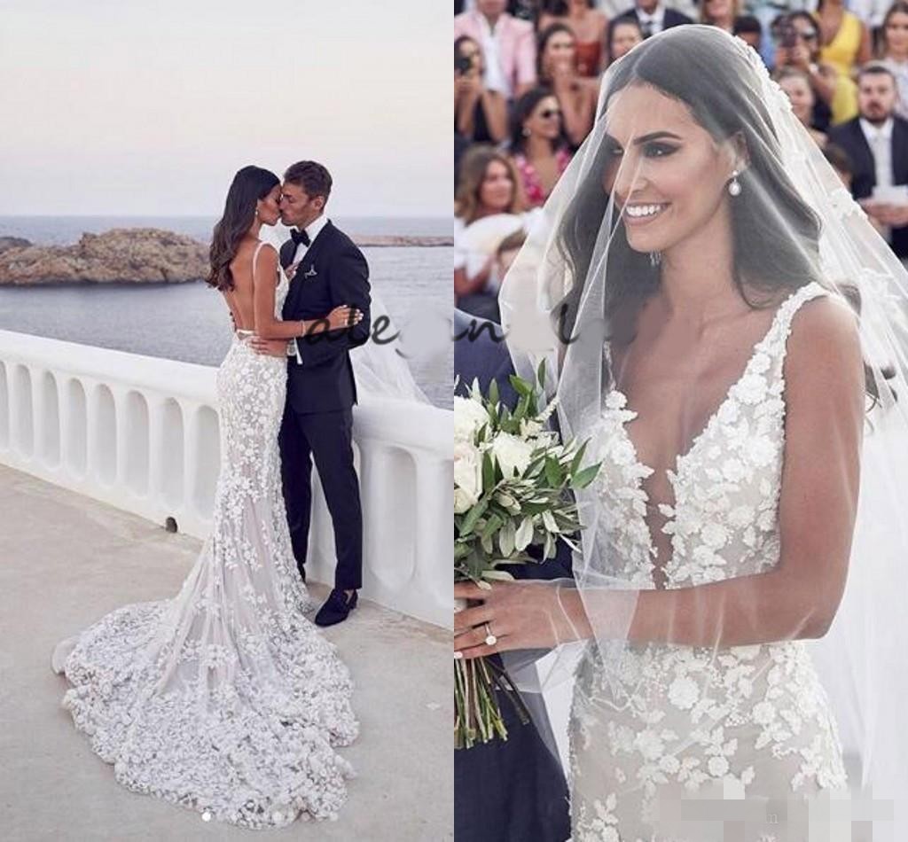 

Sexy Backless Mermaid Wedding Dresses Luxury Beaded Lace Applique Sweep Train Custom Made Plunging V Neck Wedding Gown vestido de novia, Daffodil