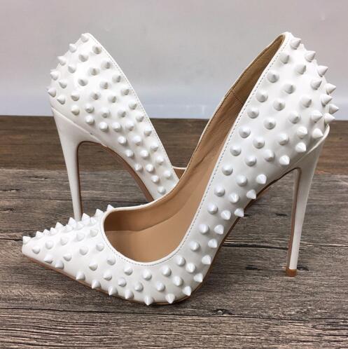 

Fashion Brand High Heels White Rivets Spiked Studded Patent Leather High-heeled Women Shallow Mouth High Heel Pumps 12 10 8cm size 33-44, Heel 12cm