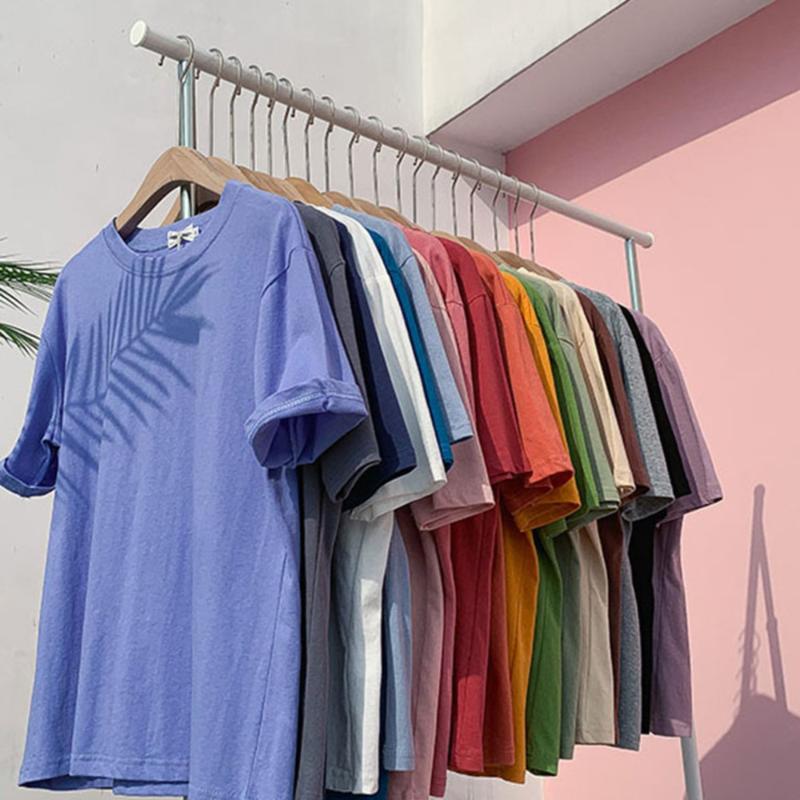 

Basic Cotton Summer T-shirt Women Solid Casual Short Sleeve O-neck Fashion Pullover Tops Female Pueple White Blue Plus Size Tops, Bright yellow