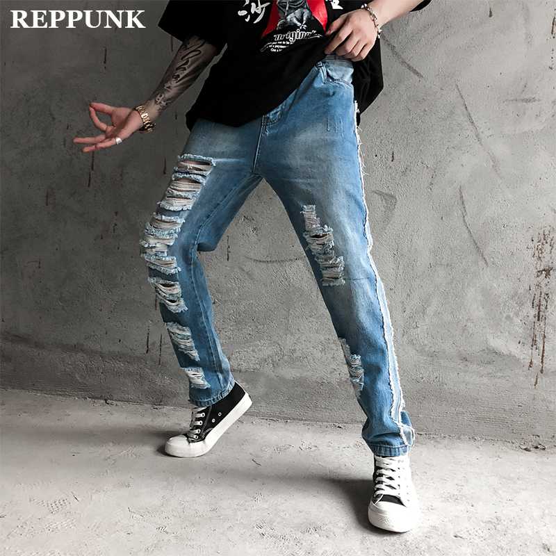 

2020 New Casual Large Size Jeans Men fashion loose hole quality cotton denim trousers male streetwear personality pants, Blue