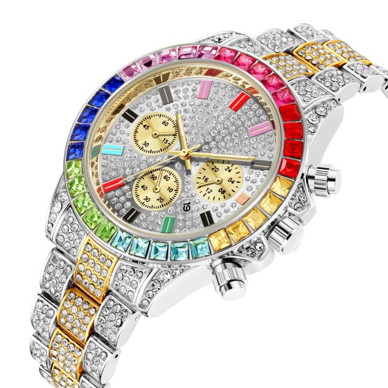 

2020 NEW! Men Watch Mens Gold men Watch Quartz Clock Chronograph colorful Diamond Steel Iced Out, Slivery;brown