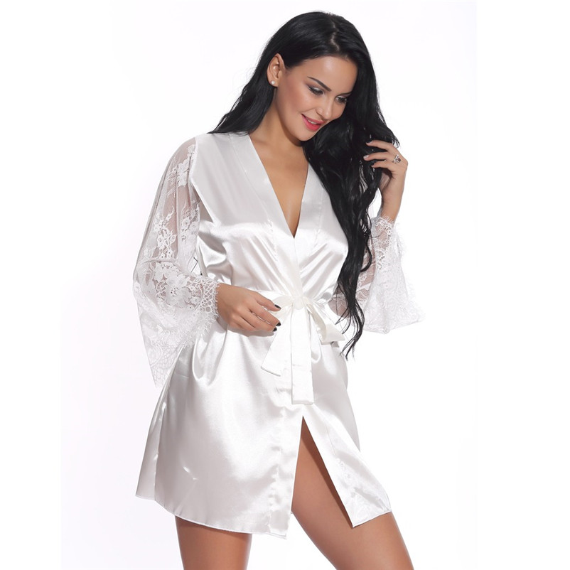 

Plus Size Women Lace Sexy Lingerie Bathrobe Babydoll nightgown Sleepwear Robe Belt women summer Seamless Sexy Lingerie -2xl#15S, White