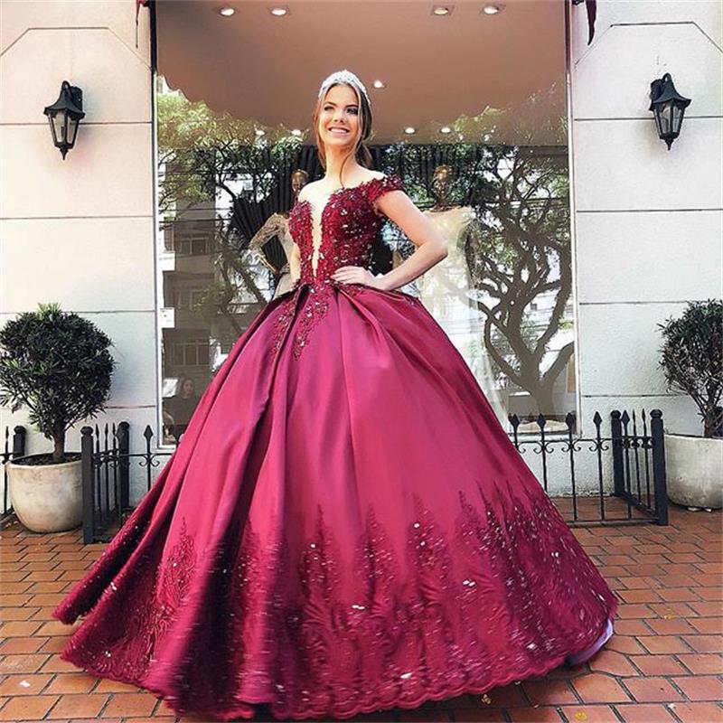 

2019 Burgundy Quinceanera Dresses Off The Shoulder Sequins Beaded Appliqued Sleeveless Ball Gown Girls Pageant Dress Formal Party Wear, Water melon
