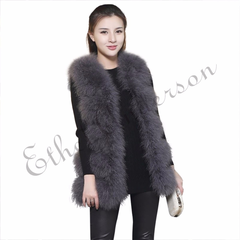 

ETHEL ANDERSON 100% Real Ostrich Fur Vest Real Vest Turkey Feather Fur Gilet Long Style Sleeves Spring Fall Winter Fashion, Purple grey