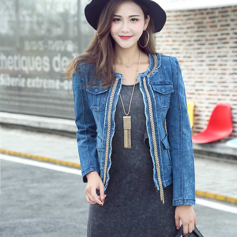 

New 2017 Ladies Denim Jackets Outwear Classical Chains Jackets Women Fashion Jeans Coats Slim Female, Blue
