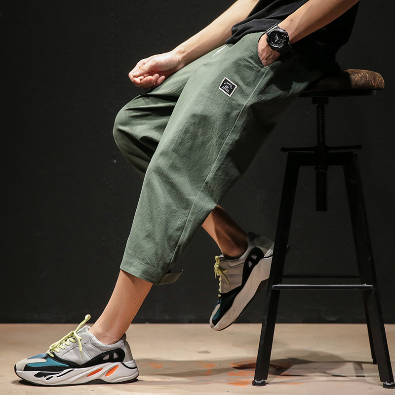 

Solid Color Calf-Length Pants Straight Men's Pants Elastic Waist Large Size Black Green Blue Calf-Length