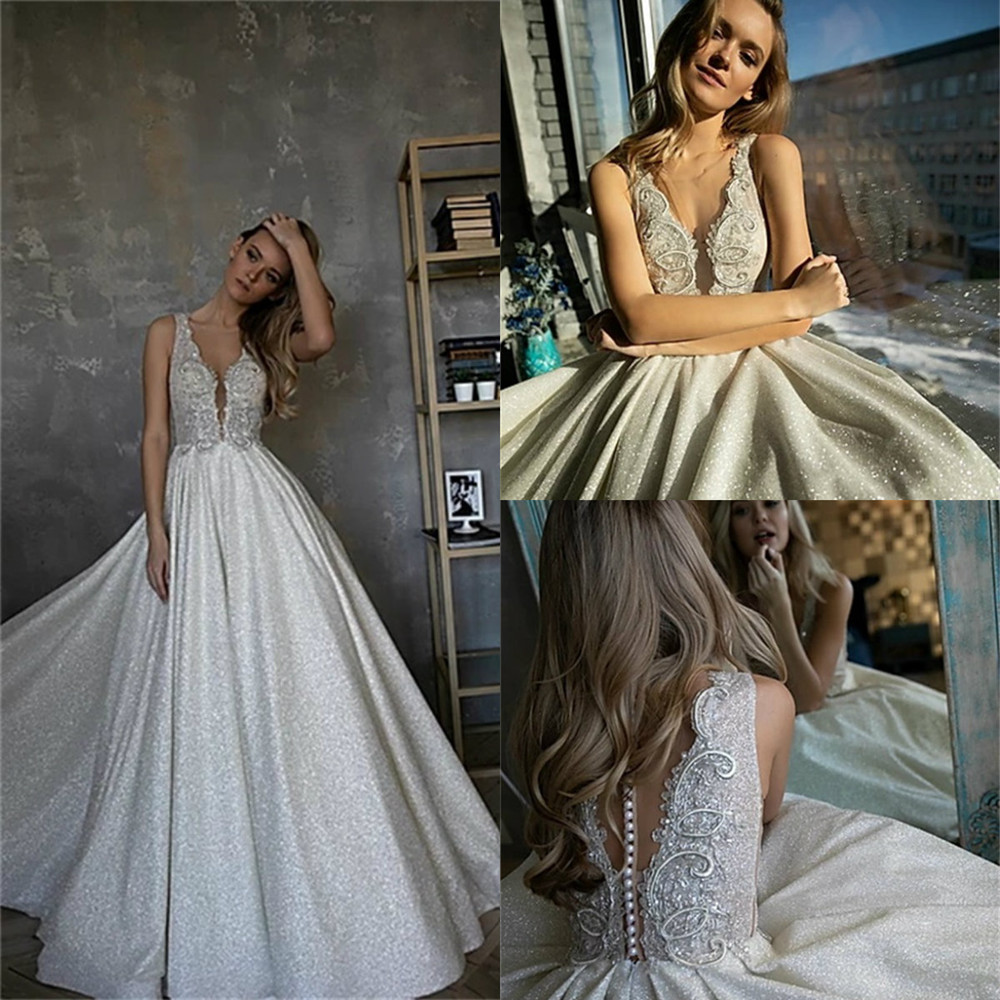 Olivia Bottega 2021 Robes de mariée Dentelle Appliques de dentelle Paillettes Robes de mariée Bouton Back Balayer Train A-Line Robe de mariée Ves
