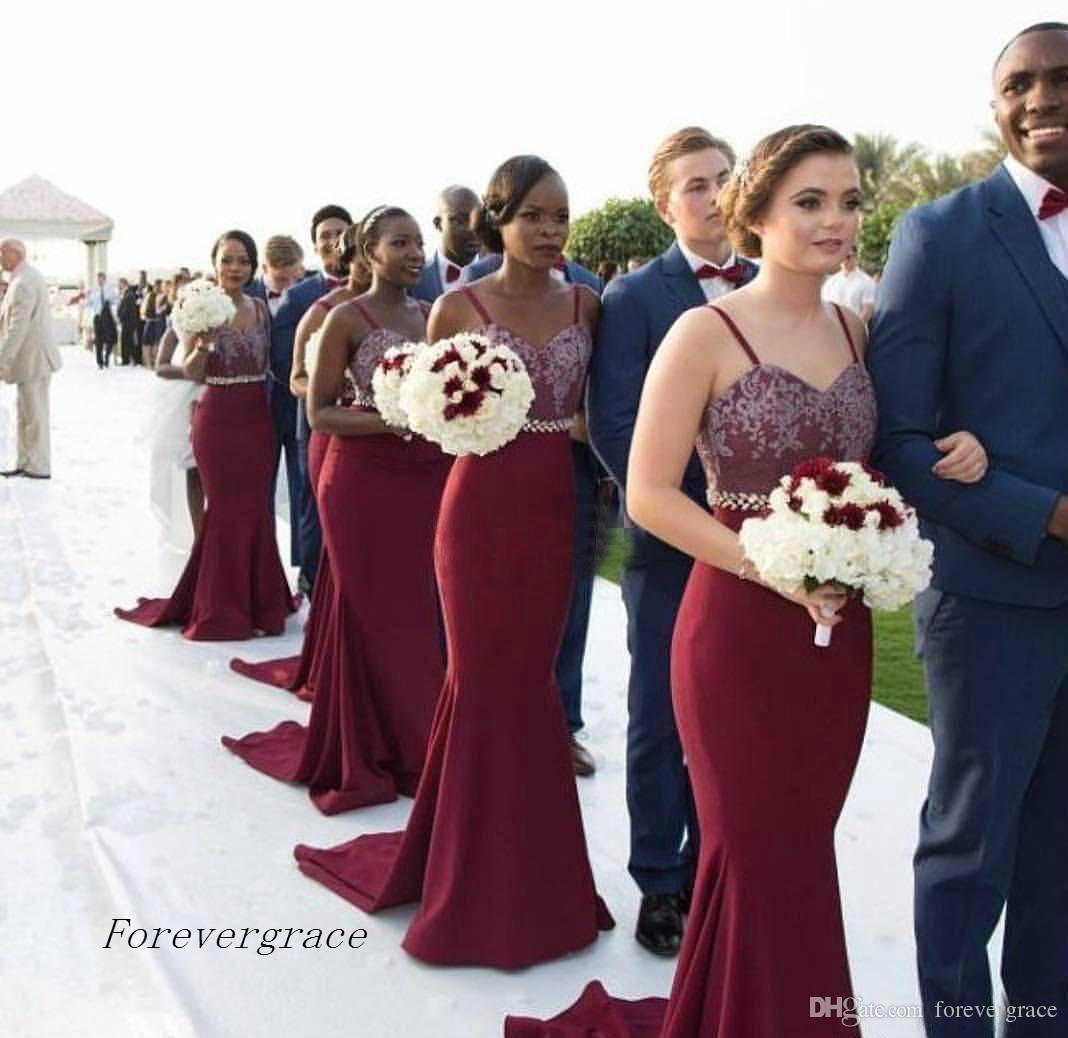 

2019 New African Burgundy Bridesmaid Dress Vintage Lace Appliques For Summer Garden Wedding Guest Maid of Honor Gown Plus Size Custom Made