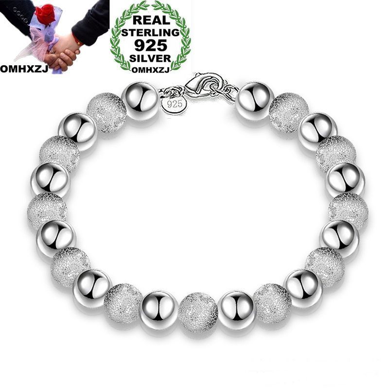 

OMHXZJ Wholesale Personality Beaded Strands Fashion Woman Girl Party Wedding Gift Silver 8mm Beads Chain 925 Sterling Silver Bracelet BR02