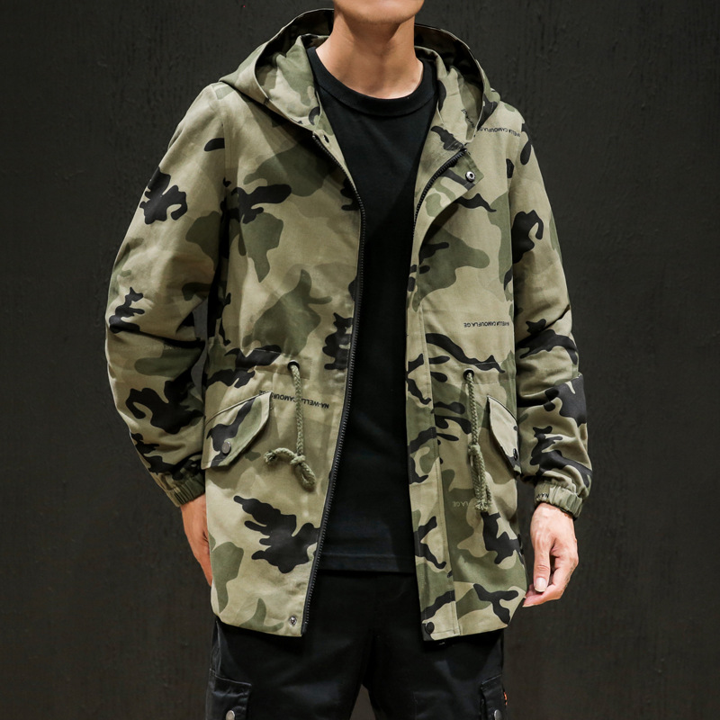 

2019 Autumn Men Casual Camouflage Jacket Japanese-style Fashion Man Large Size Medium-length Hooded Swallow Tail Jacket, Light gray camouflage