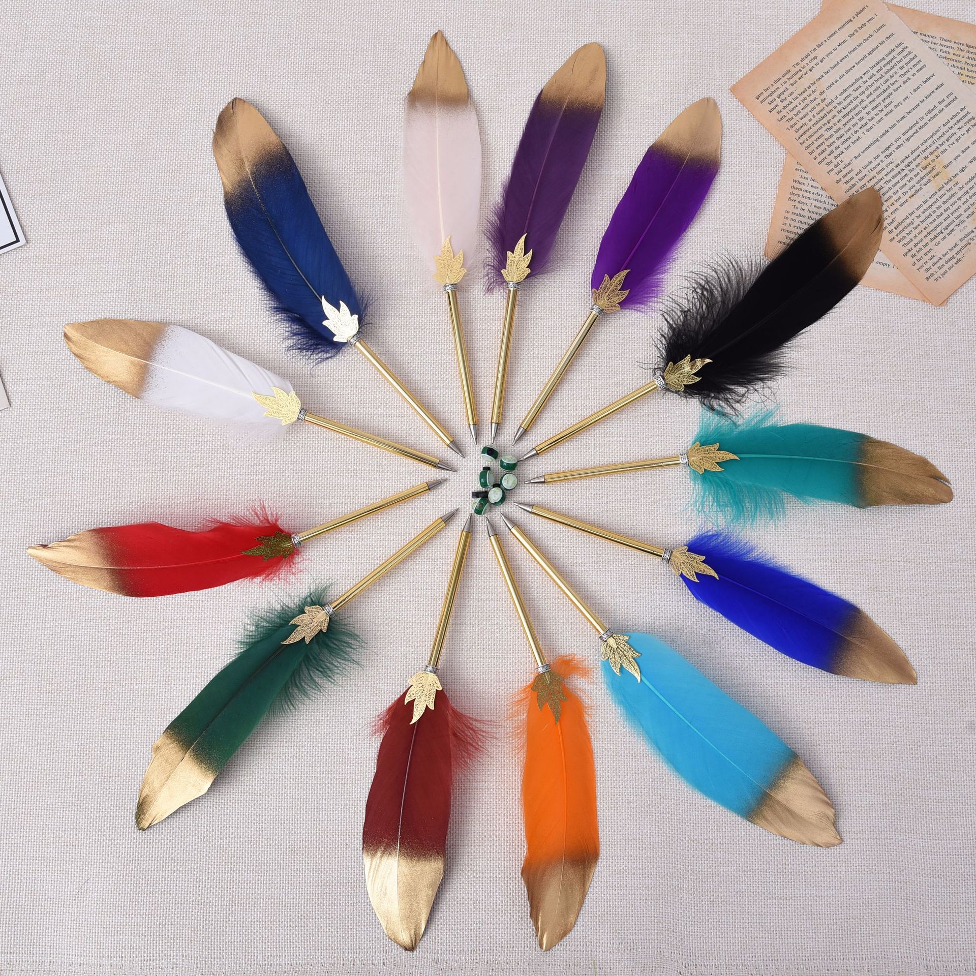 

Decorative Pen Office Stationery Color Nature Feather Christmas Ballpoint Pen with Cover Festival Novel Gift WJ093