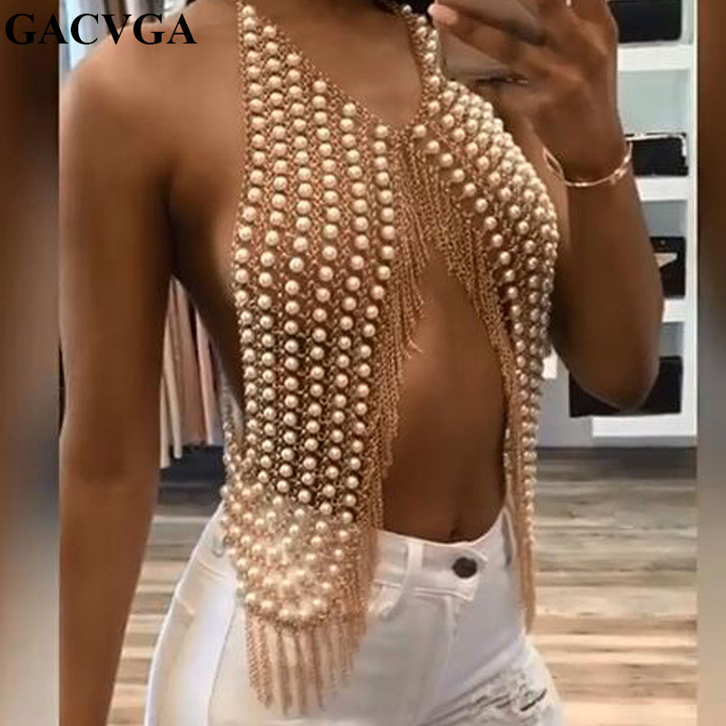 

GACVGA Pure hand stitching Pearl metal Tassel Crop Top Women Summer Backless Top Sexy Punk Beach Bustier Cropped Tube Tank, Gold