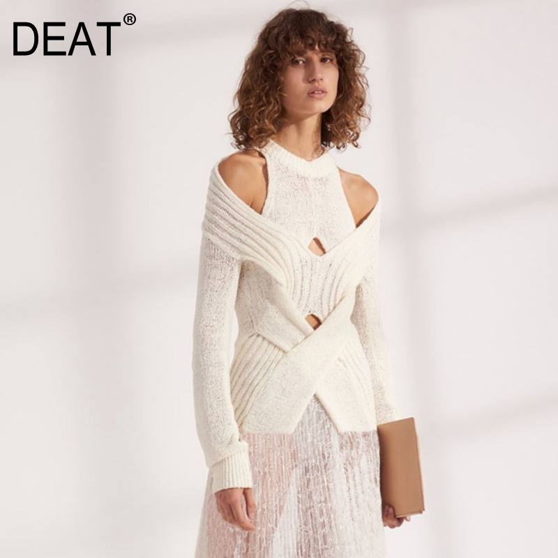 

DEAT 2020 New Spring Solid Color Round Collar Hollow Out Pullover Sweater Women Vintage Slim Temperament Split Knit Tops PD714, Black