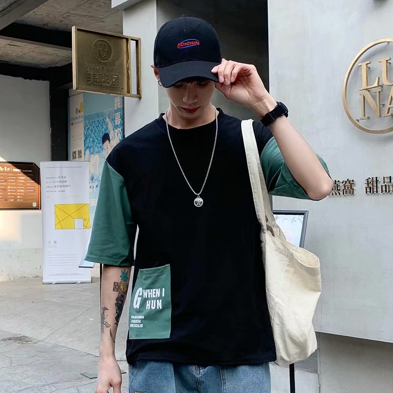 

Pocket Patchwork Men's Short-sleeved T-shirt Hip Hop Men Spring Summer Fashion T shirts Casual Cotton Top Tees Men Streetwear, 03