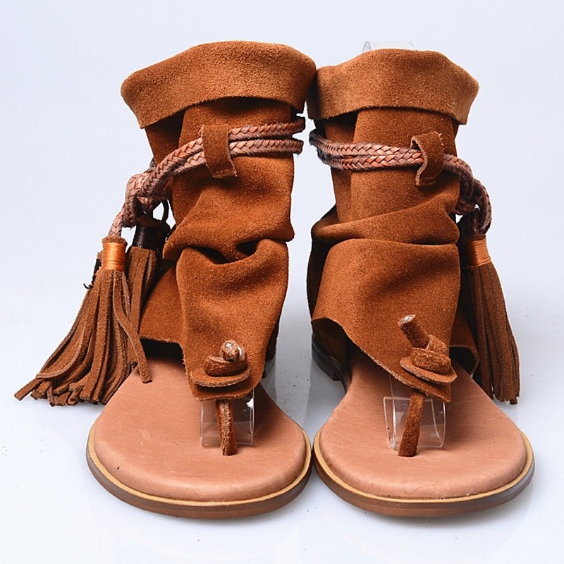 

Womens Gladiator Flat Sandals Tassels Fringe Real Suede Leather Shoes Clip Toe Bohemia Roman Cowboy Retro 3Colors Summer Size, Black