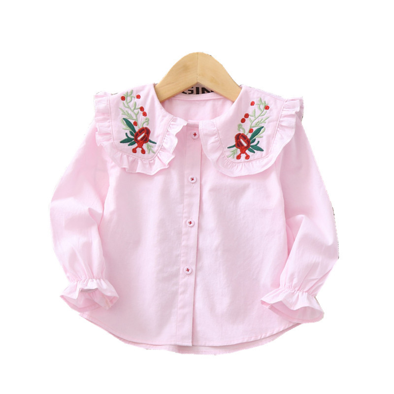 

2020 Spring Girl's Shirt Flower Embroidery Large Lapel Long Sleeve Children's Shirt, Pink