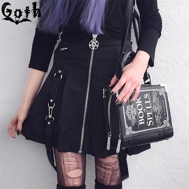 

Gothic Lolita Pleated Skirt Women Summer Star Zipper Red Plaid Black A-line Casual Skirt High Waist Lace Up Punk Short Skirts