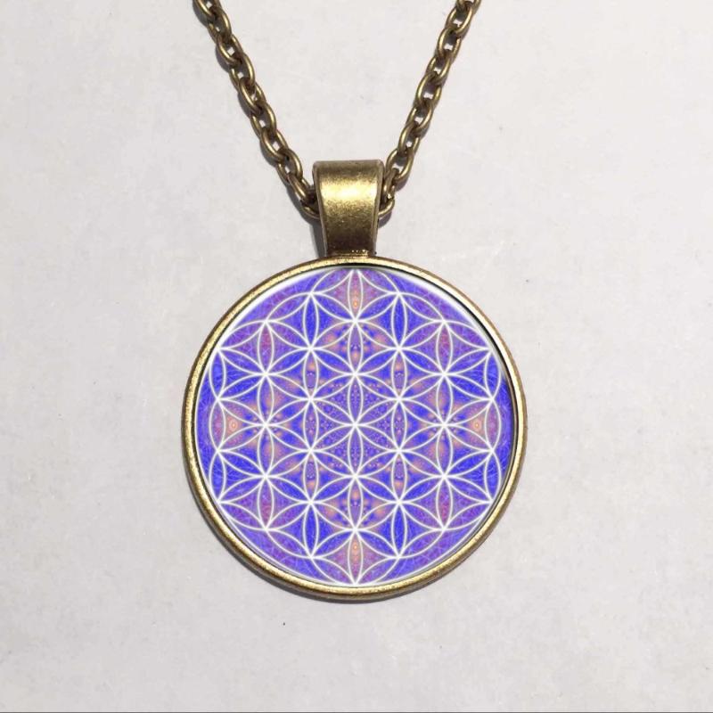 

Purple Flower of Life Necklace Om Yoga Chakra Pendant Mandala Necklace Fashion Glass Dome Jewelry Sacred Geometry Women