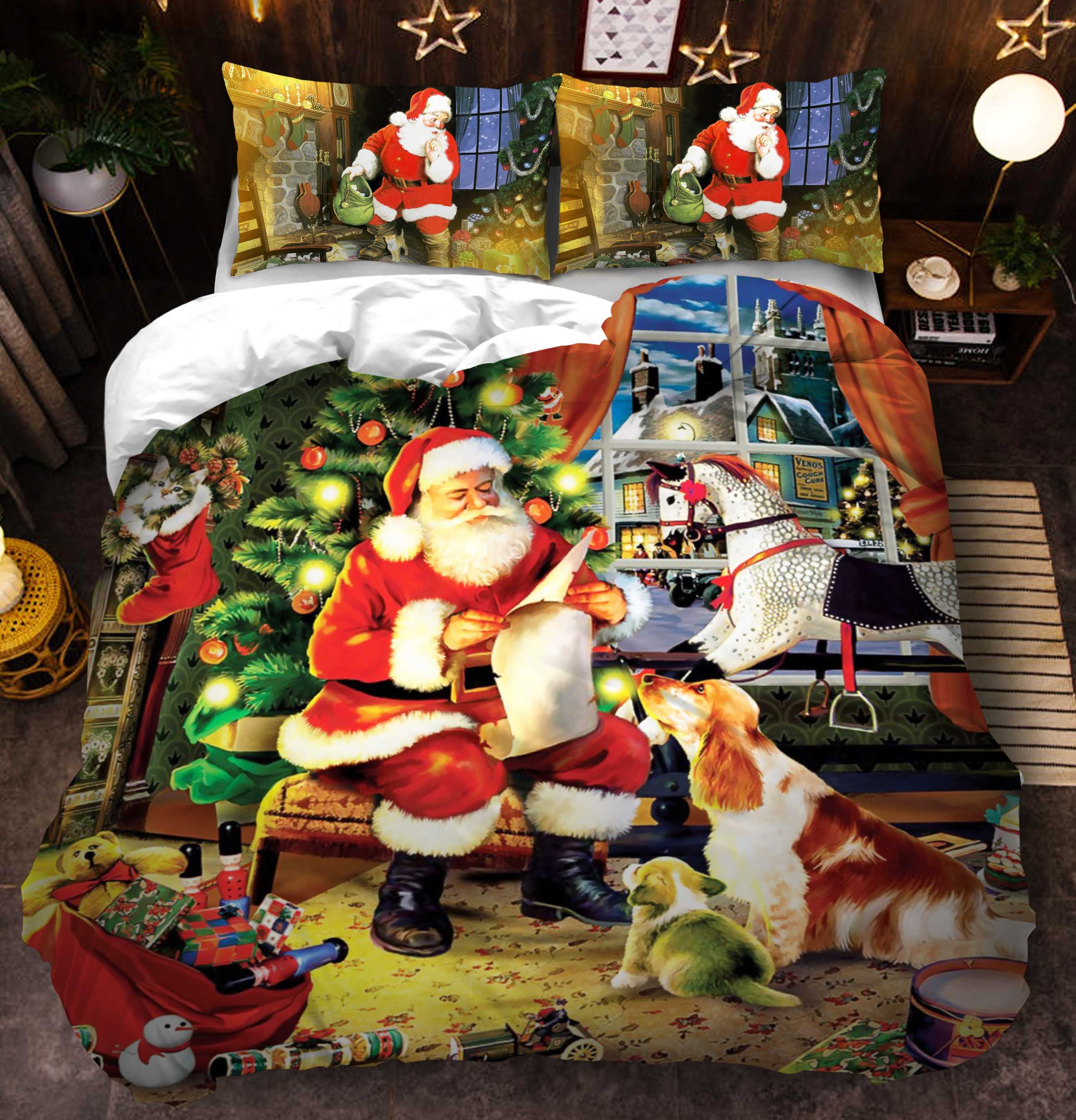 

3D Merry Christmas Bedding Set Duvet Cover Red Santa Claus Comforter Bed Set Gifts USA Size Queen King, Akw-40