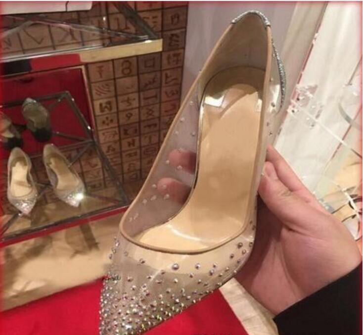

New Spring Summer Elegant Styles Women Shoes Rhinestone High Heels Crystals Pointed Toe Mesh Pumps Woman Red Sole Wedding Shoes, Champagne