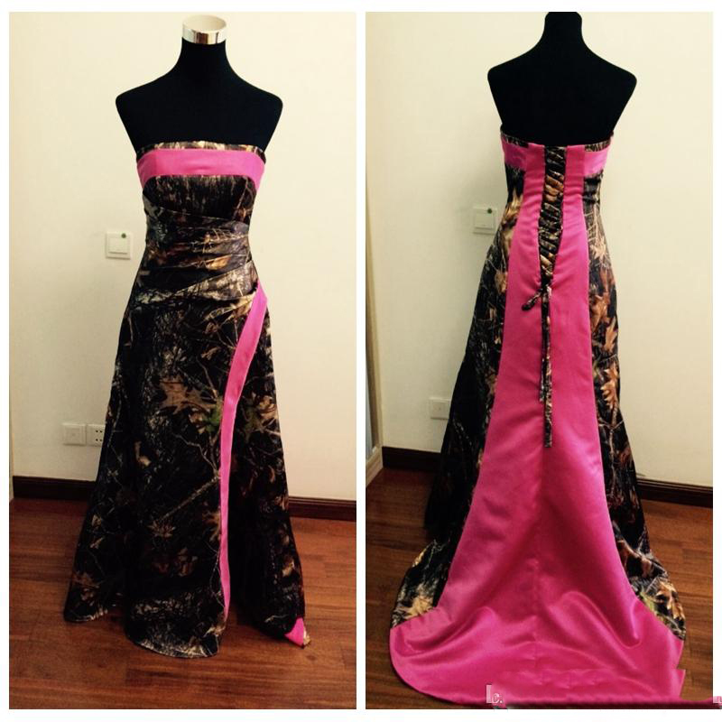 

Real Photos Satin Camo A-Line Long Bridesmaids Dress Lace Up Back Camouflage Pleated Honor Of Maid Real Tree Vestidos De Bridesmaid