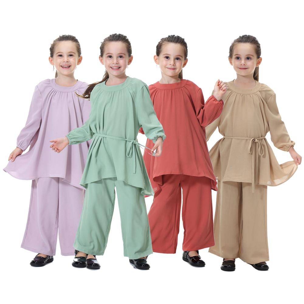 

2019 Cute islamic clothing kids 2 pieces set muslim blouses abaya with pants girls long sleeve shirt arab dubai turkey suits